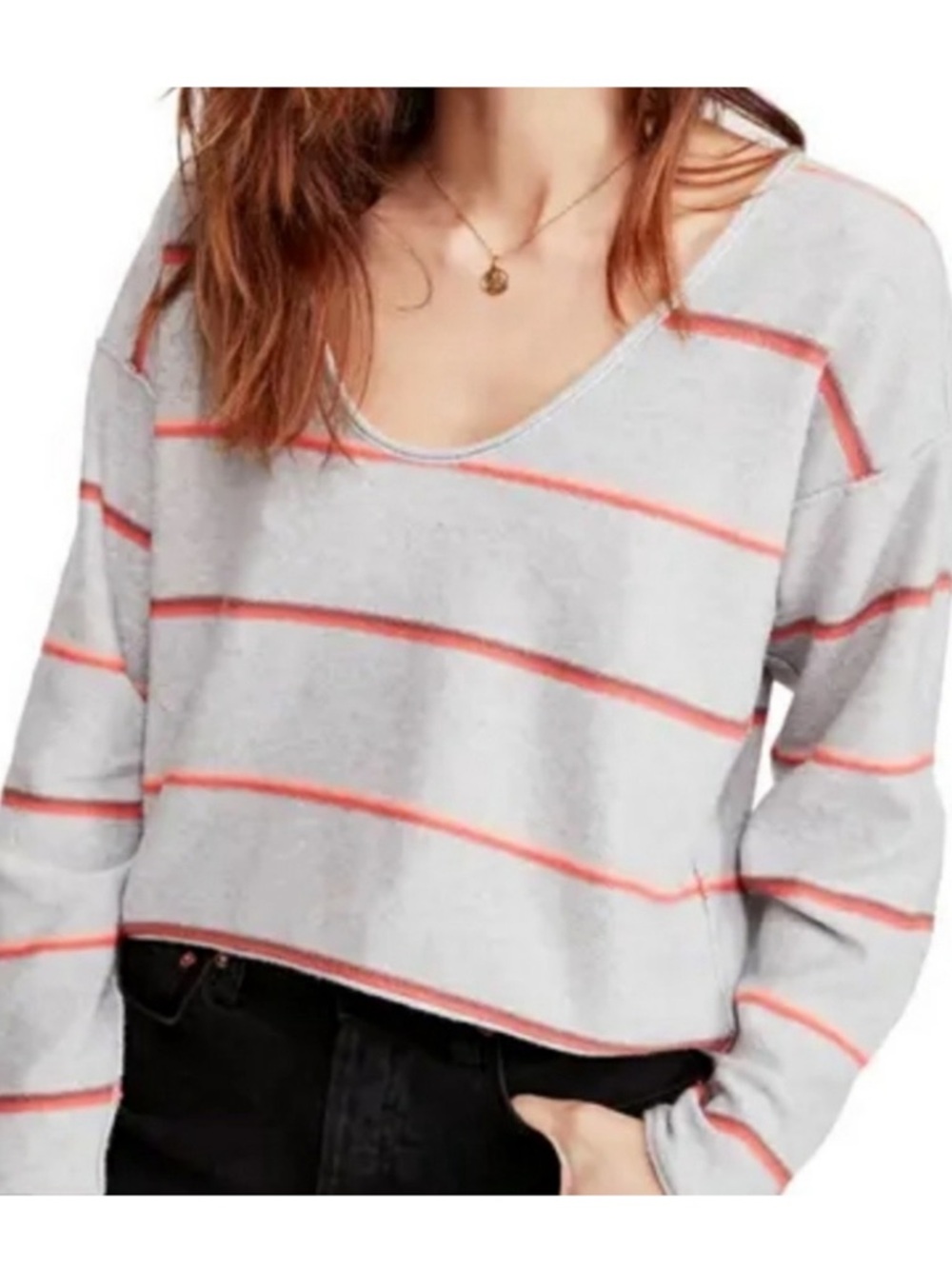Free People Gray Sweater with Coral Stripes